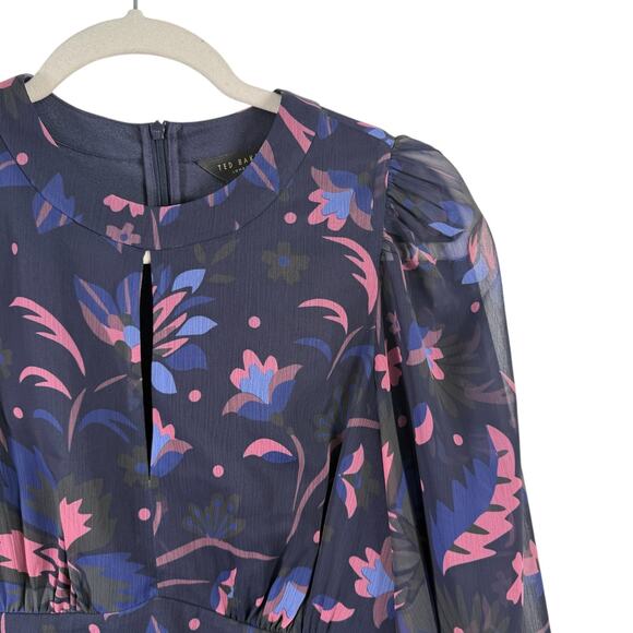 Ted Baker Stephanie Purple Floral Balloon Sleeve Blouse Preppy Womens 1 US 4 Sm - Picture 4 of 8